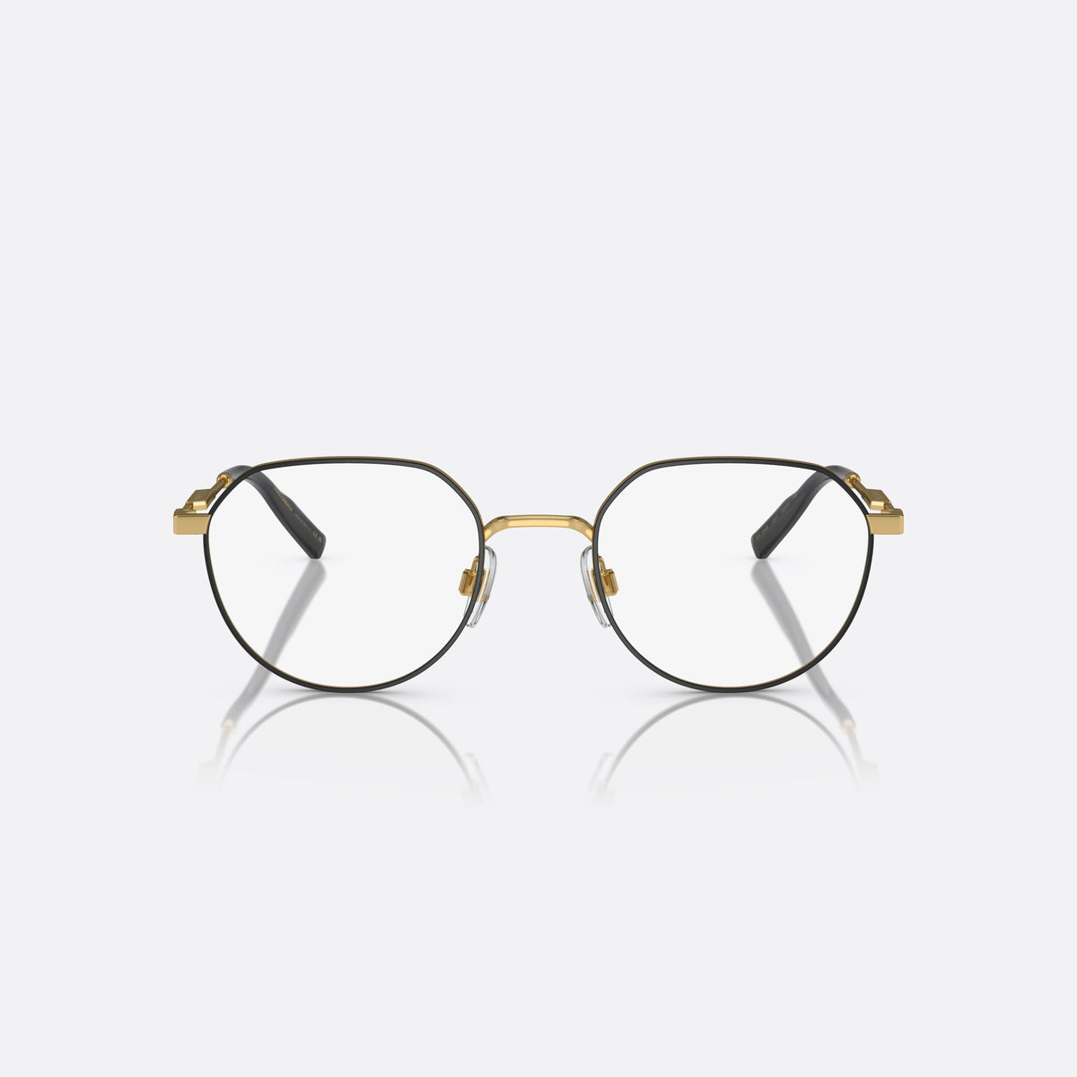 Dolce & Gabbana DG 1349 1311 eyeglasses, black round frame for men, gold-tone metal bridge, small logo plaque on temples, front view