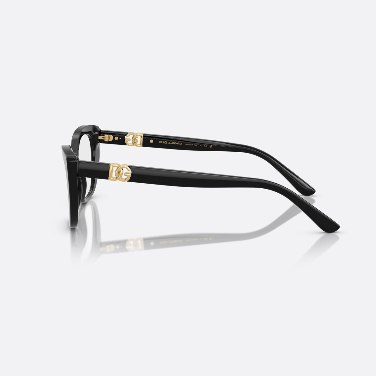 Dolce & Gabbana DG 3398 501 eyeglasses, black cat eye frame for women, plain bridge, brand logo plaque on temples, side view