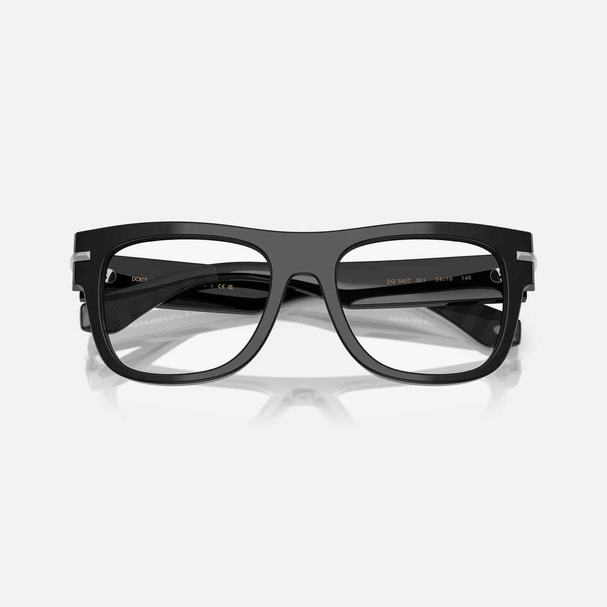 Dolce & Gabbana DG 3407 501 eyeglasses, black squared frame for men, plain solid bridge, brand lettering on temples, folded