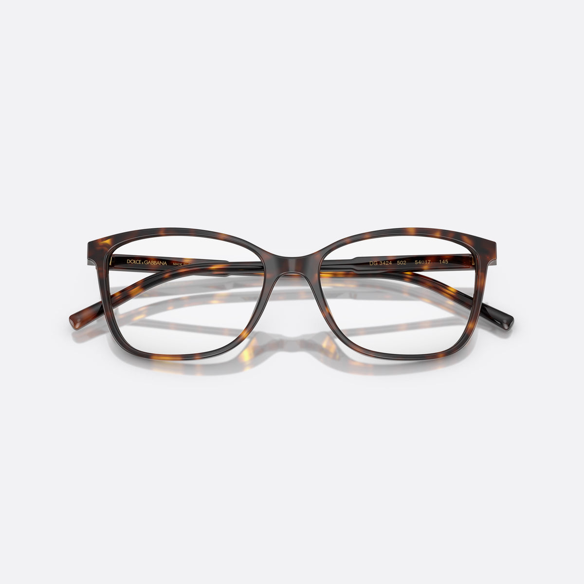 Dolce & Gabbana DG 3424 502 eyeglasses, havana pantos frame for women, plain combined bridge, brand lettering on temples, folded