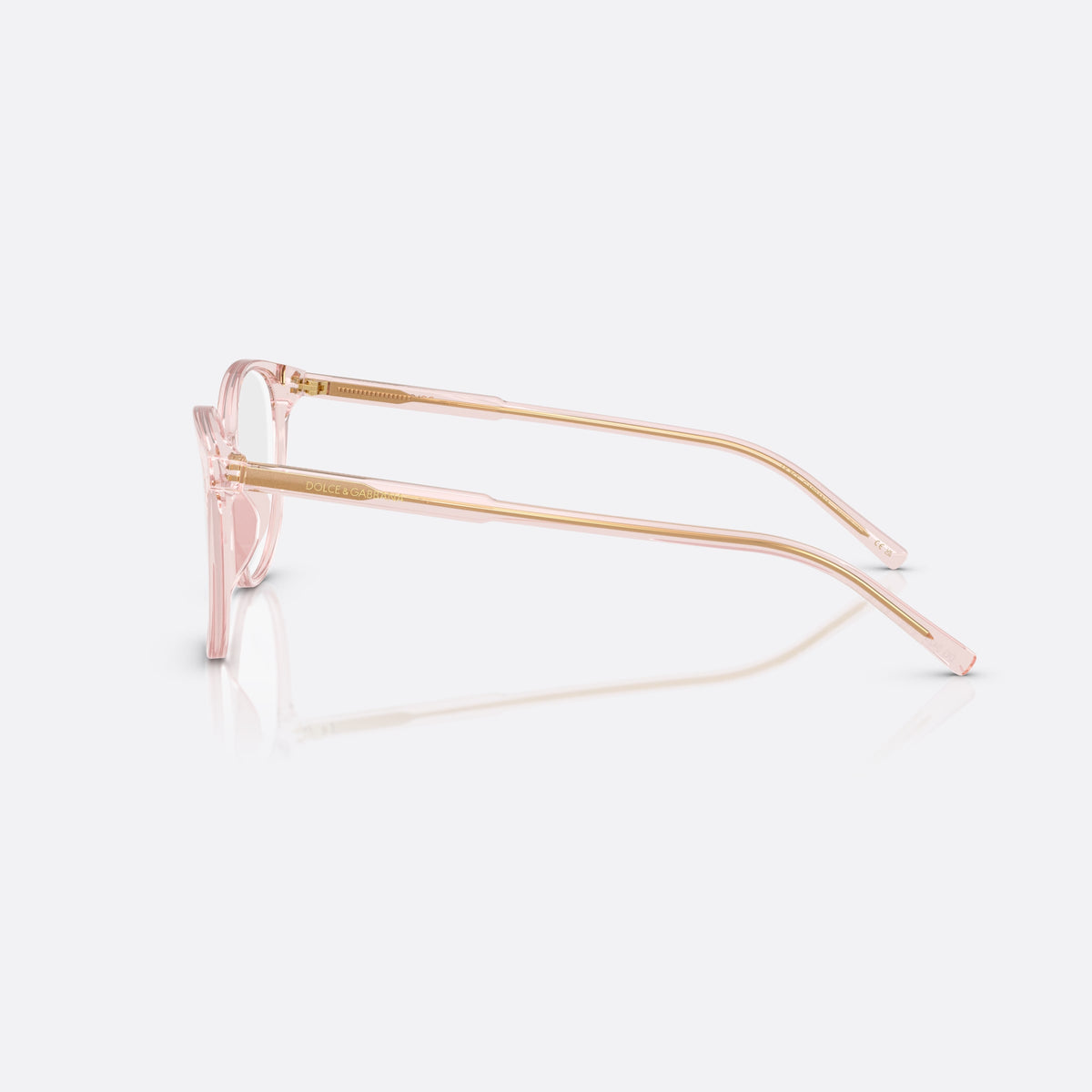 Dolce & Gabbana DG 3425 3148 eyeglasses, pink round frame for women, plain bridge, brand lettering on temples, gold-tone hinges, side view