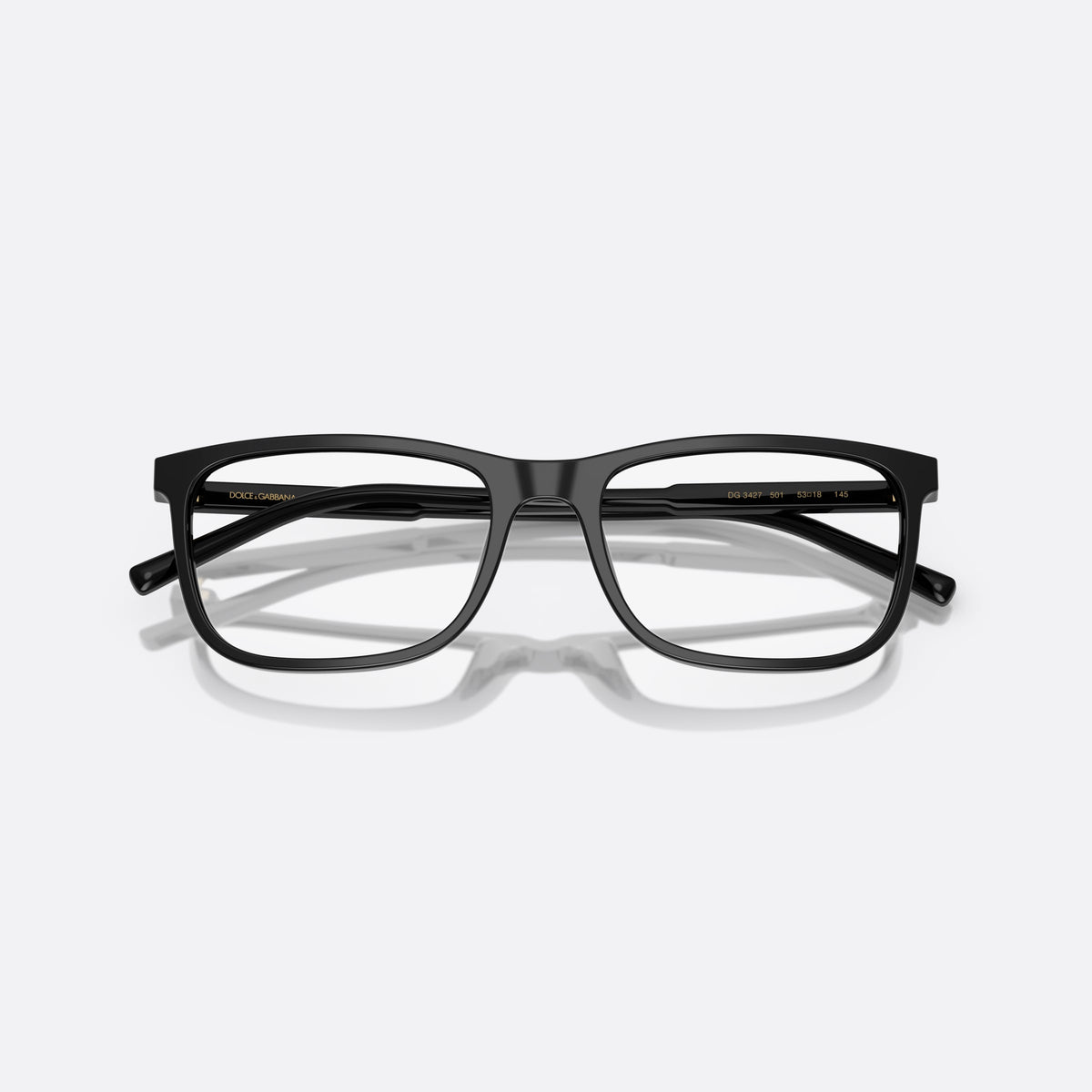 Dolce & Gabbana DG 3427 501 eyeglasses, black squared frame for men, plain bridge, brand lettering on temples, full-rim frame, folded