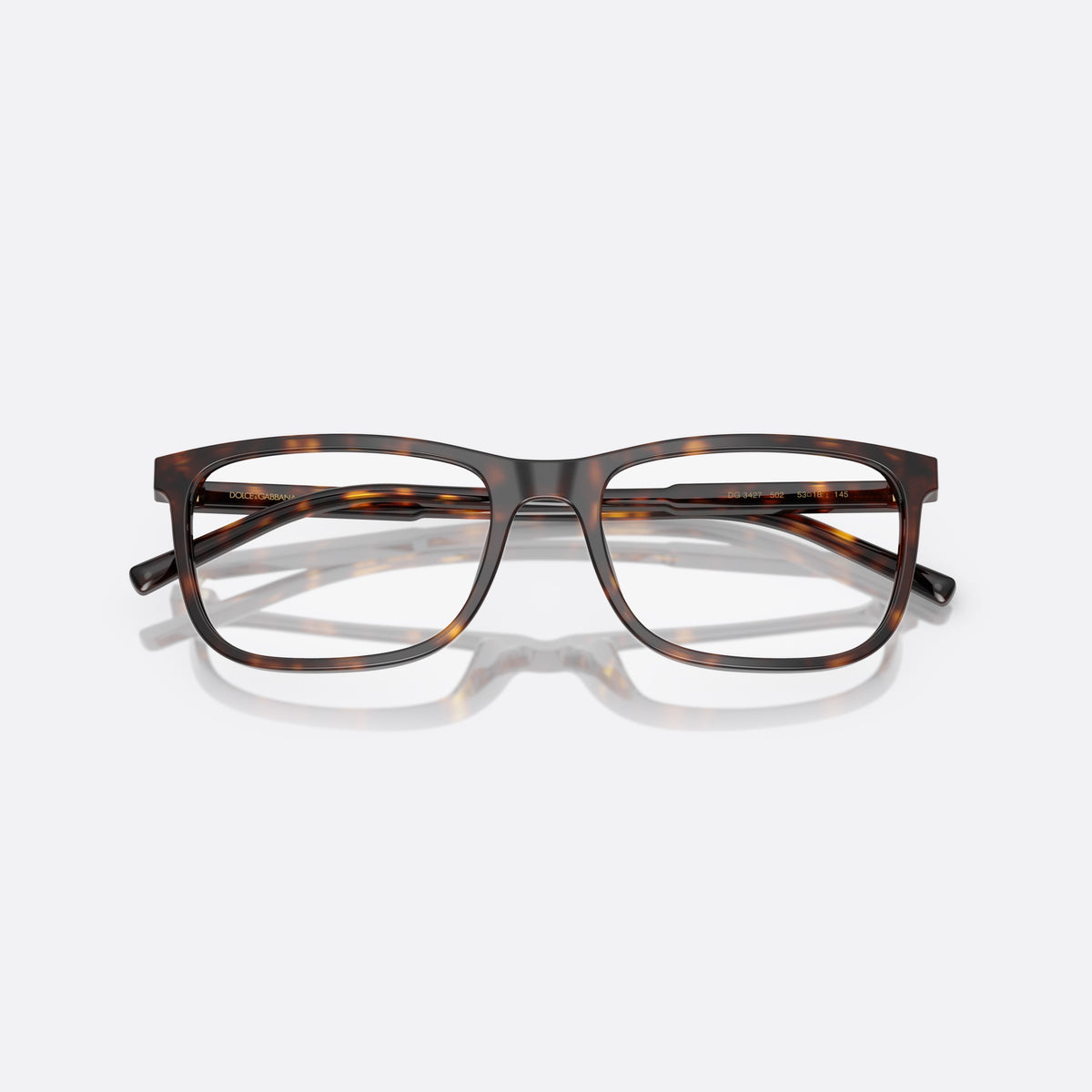 Dolce & Gabbana DG 3427 502 eyeglasses, havana squared frame for men, plain bridge, brand lettering on temples, full-rim frame, folded