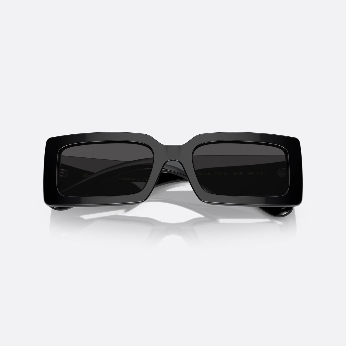 Dolce & Gabbana DG 4416 335587 sunglasses, black geometric frame for women, plain bridge, integrated into frame, wide tapered temples, folded