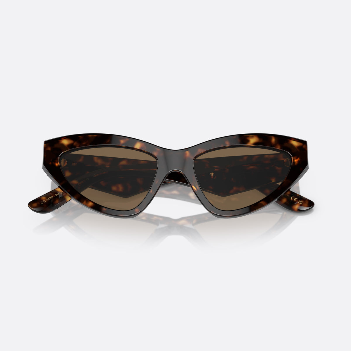 Dolce & Gabbana DG 4439 502/73 sunglasses, havana cat eye frame for women, plain bridge, integrated into front, wide tapered temples, folded