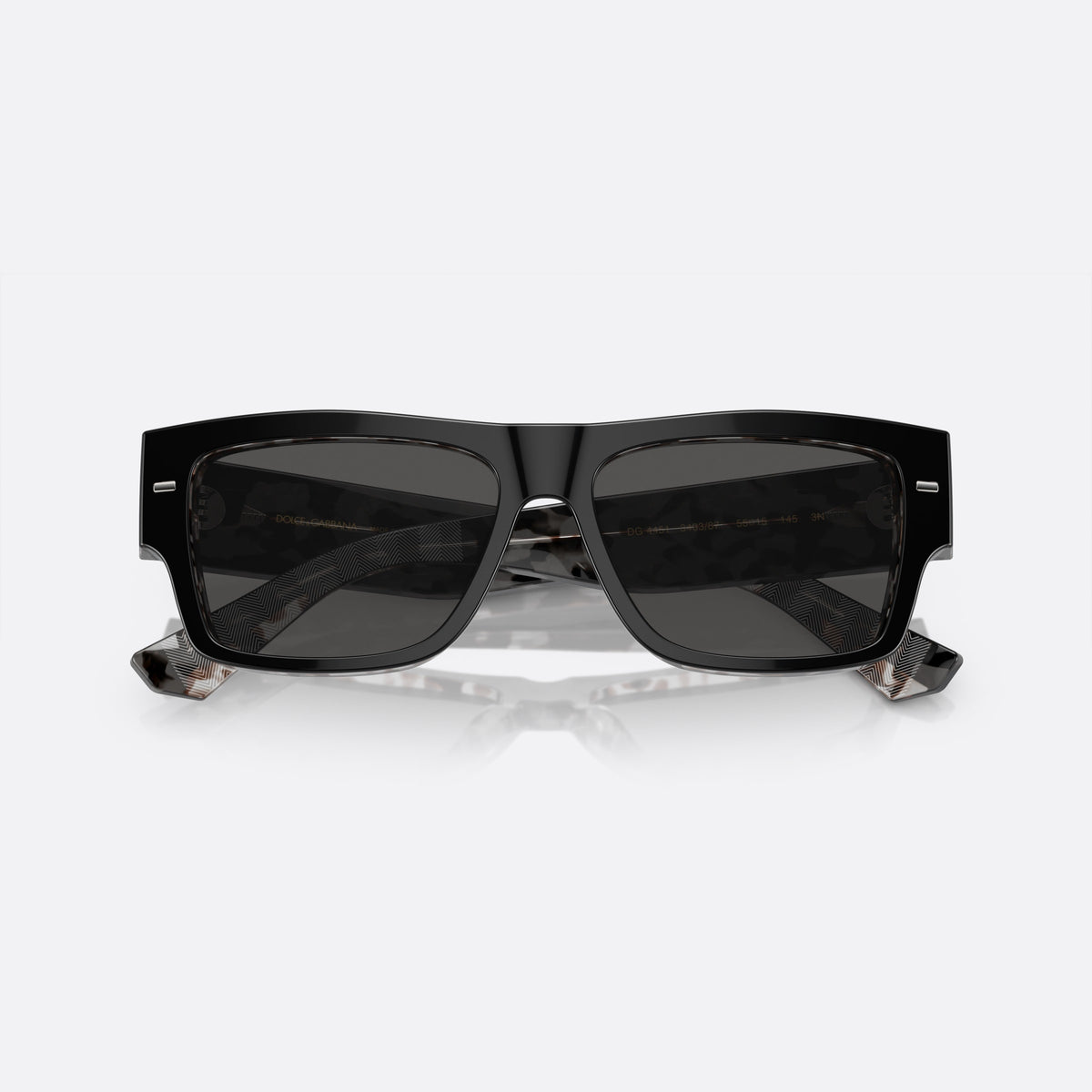 Dolce & Gabbana DG 4451 340387 sunglasses, black squared frame for men, keyhole bridge, brand lettering on temple, full-rim frame, folded