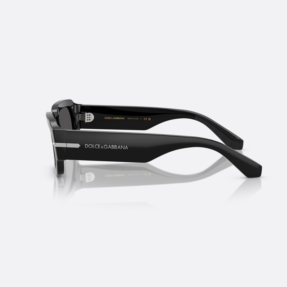Dolce & Gabbana DG 4485 501/87 sunglasses, black rectangle frame for men, plain bridge, brand lettering on temples, full-rim frame, side view