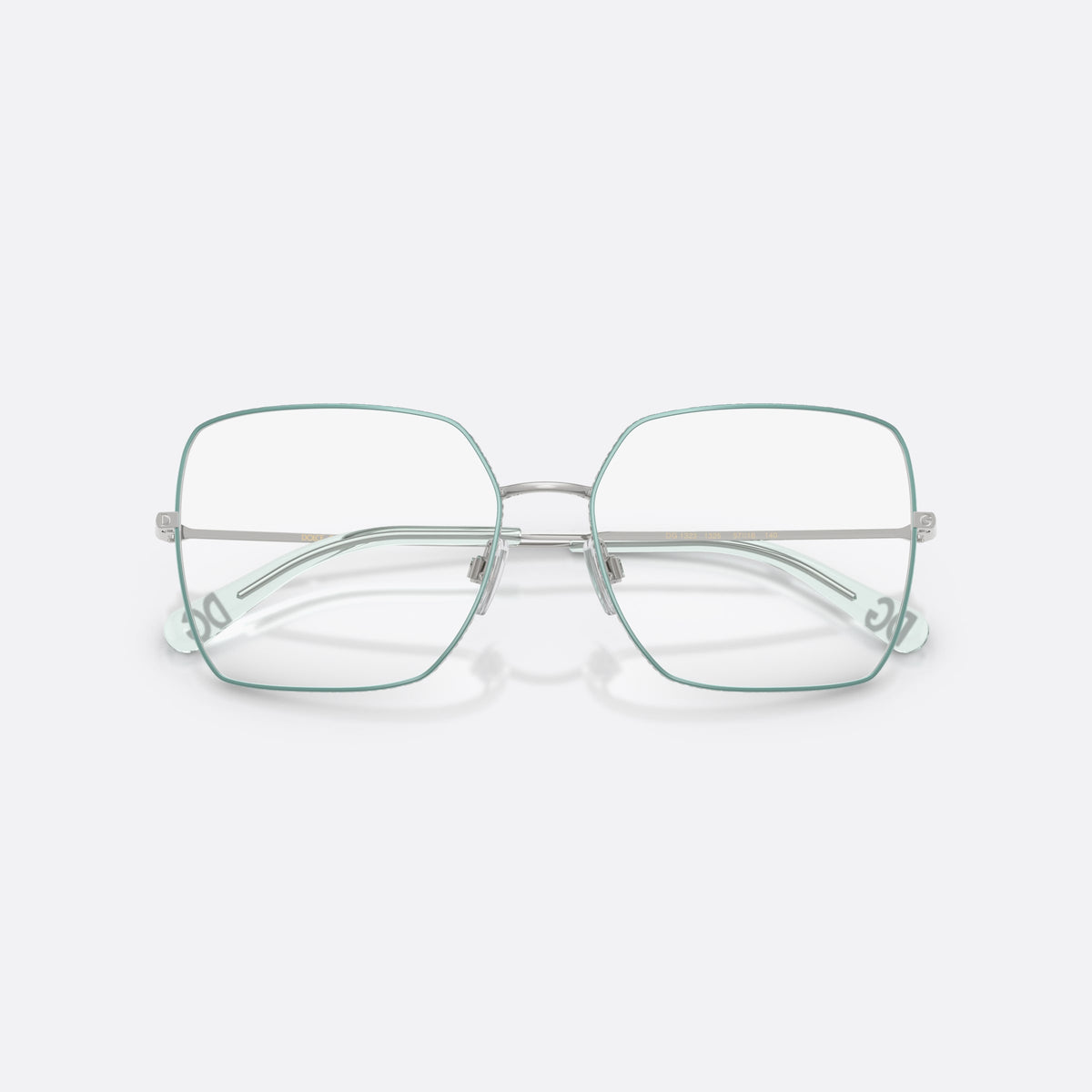 Dolce & Gabbana DG1323 1325 eyeglasses, silver square frame for women, plain metal bridge, brand lettering on temples, folded