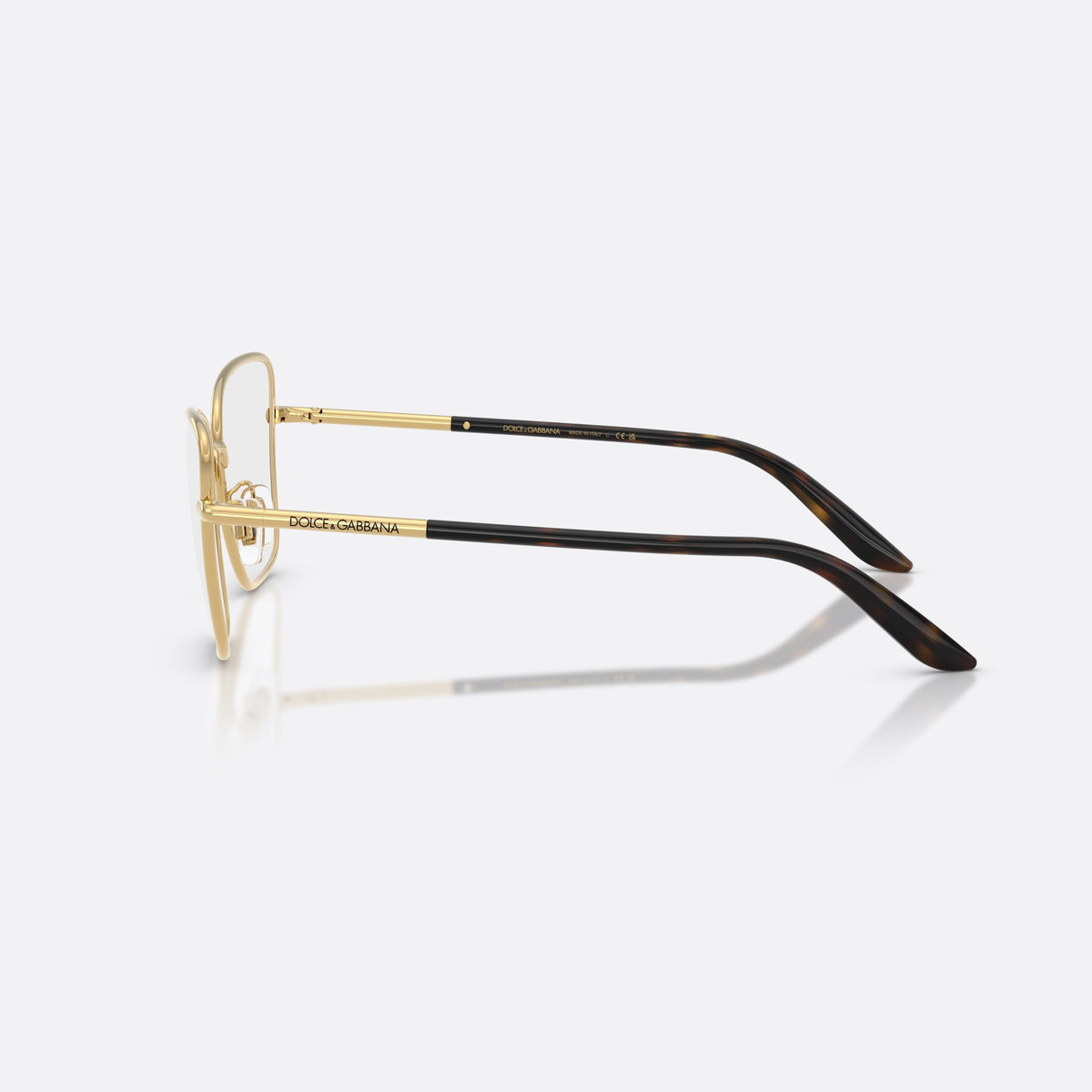 Dolce & Gabbana DG1359 02 eyeglasses, gold cat eye frame for women, plain metal bridge, brand lettering on temples, side view