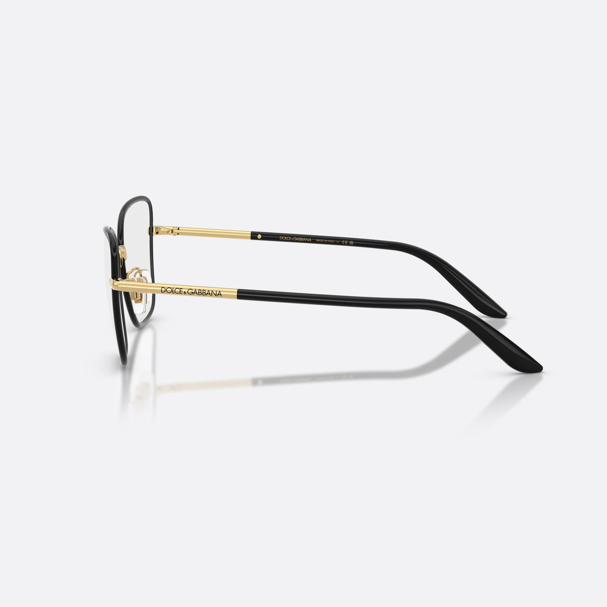 Dolce & Gabbana DG1359 1334 eyeglasses, black cat eye frame for women, metal bridge with gold accent, full-rim metal frame, side view