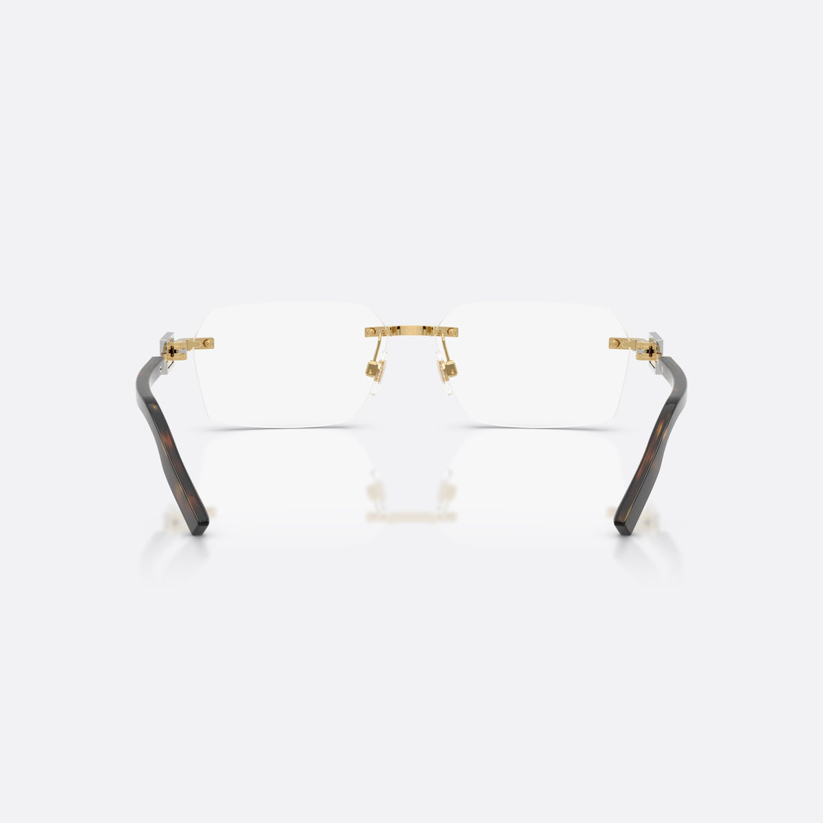 Dolce & Gabbana DG1361 02 eyeglasses, gold rectangle frame for men, plain gold-tone bar bridge, tapered temples with plaque, back view