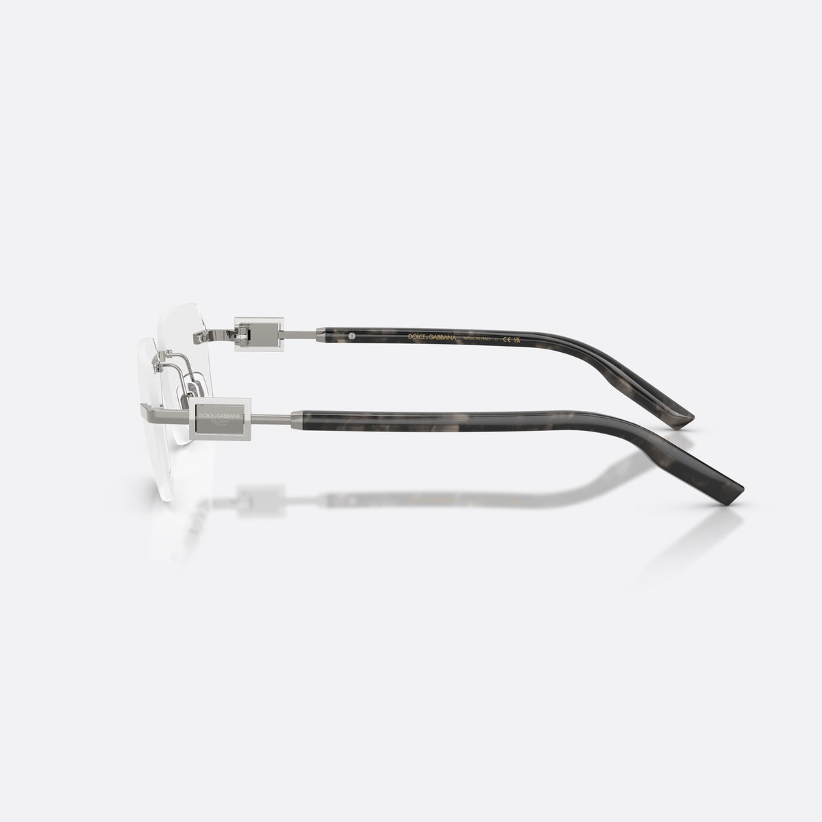 Dolce & Gabbana DG1361 04 eyeglasses, grey rectangle frame for men, flat metal bridge bar, brand lettering on the temples, side view