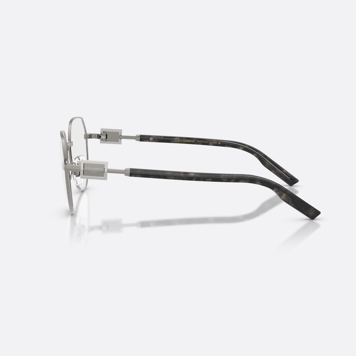 Dolce & Gabbana DG1362 04 eyeglasses, grey phantos frame for men, plain metal bridge, brand lettering on temples, side view