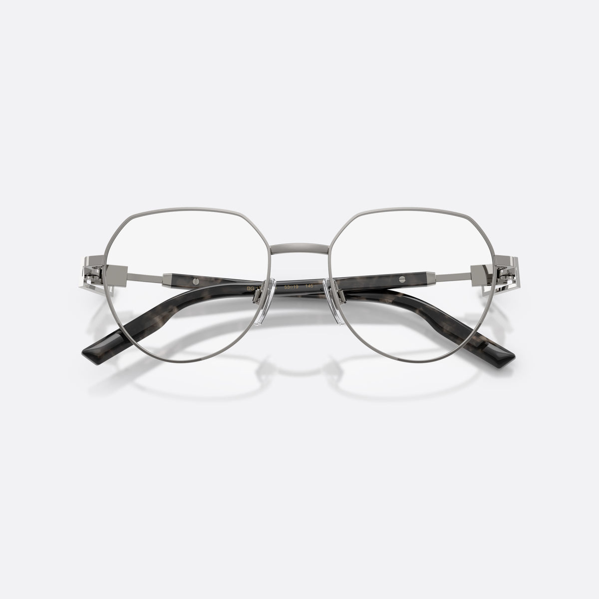 Dolce & Gabbana DG1362 04 eyeglasses, grey phantos frame for men, plain metal bridge, brand lettering on temples, folded