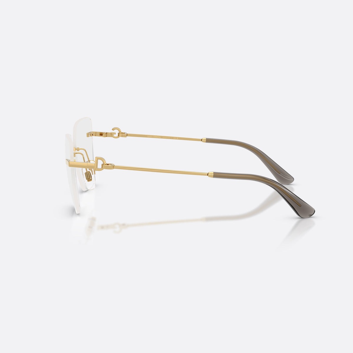 Dolce & Gabbana DG1363 02 eyeglasses, gold cat eye frame for women, metal bridge with gold-tone finish, brand logo on temples, side view