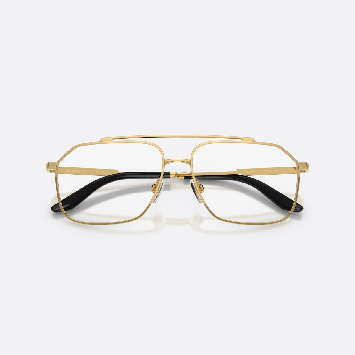 Dolce & Gabbana DG1364 02 eyeglasses, gold pilot frame for men, double bridge with top bar, brand lettering on the temples, folded