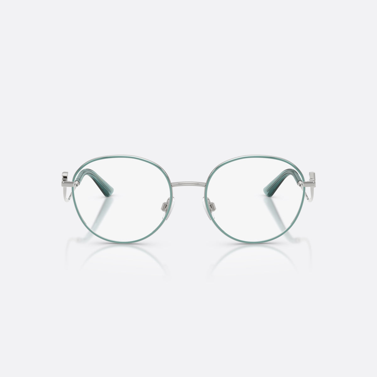 Dolce & Gabbana DG1365 1325 eyeglasses, silver round frame for women, thin metal bridge, brand logo plaque on temples, front view