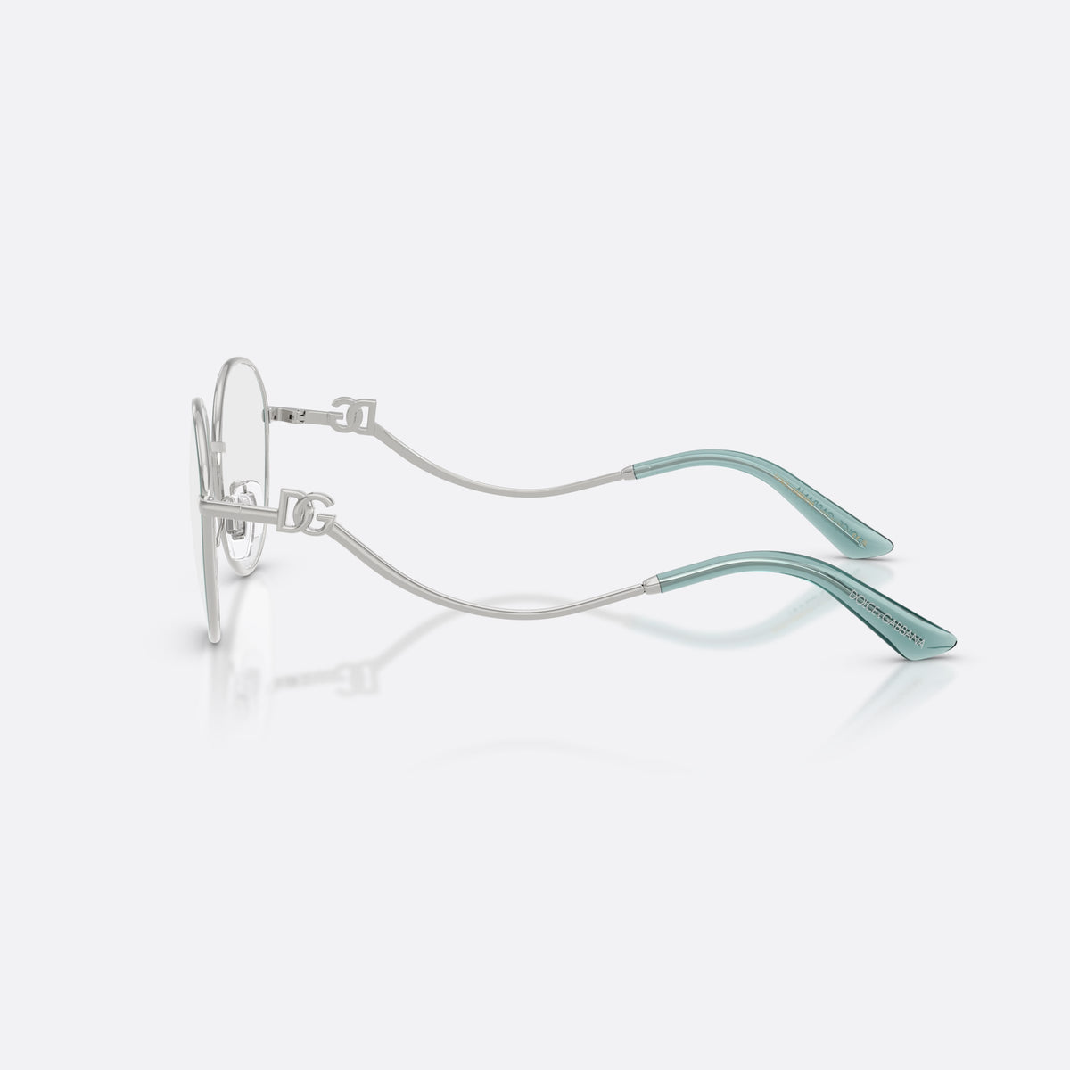 Dolce & Gabbana DG1365 1325 eyeglasses, silver round frame for women, thin metal bridge, brand logo plaque on temples, side view