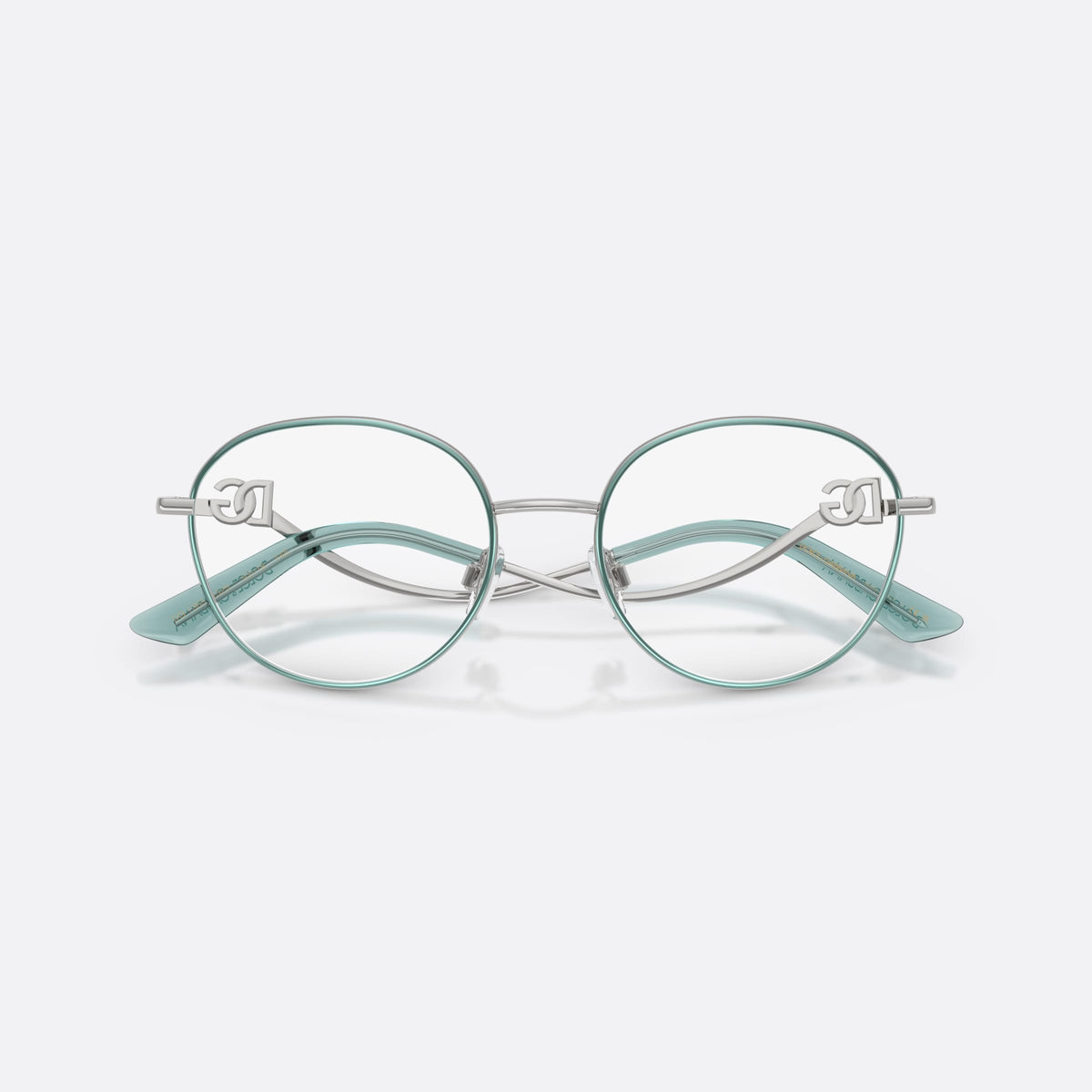 Dolce & Gabbana DG1365 1325 eyeglasses, silver round frame for women, thin metal bridge, brand logo plaque on temples, folded