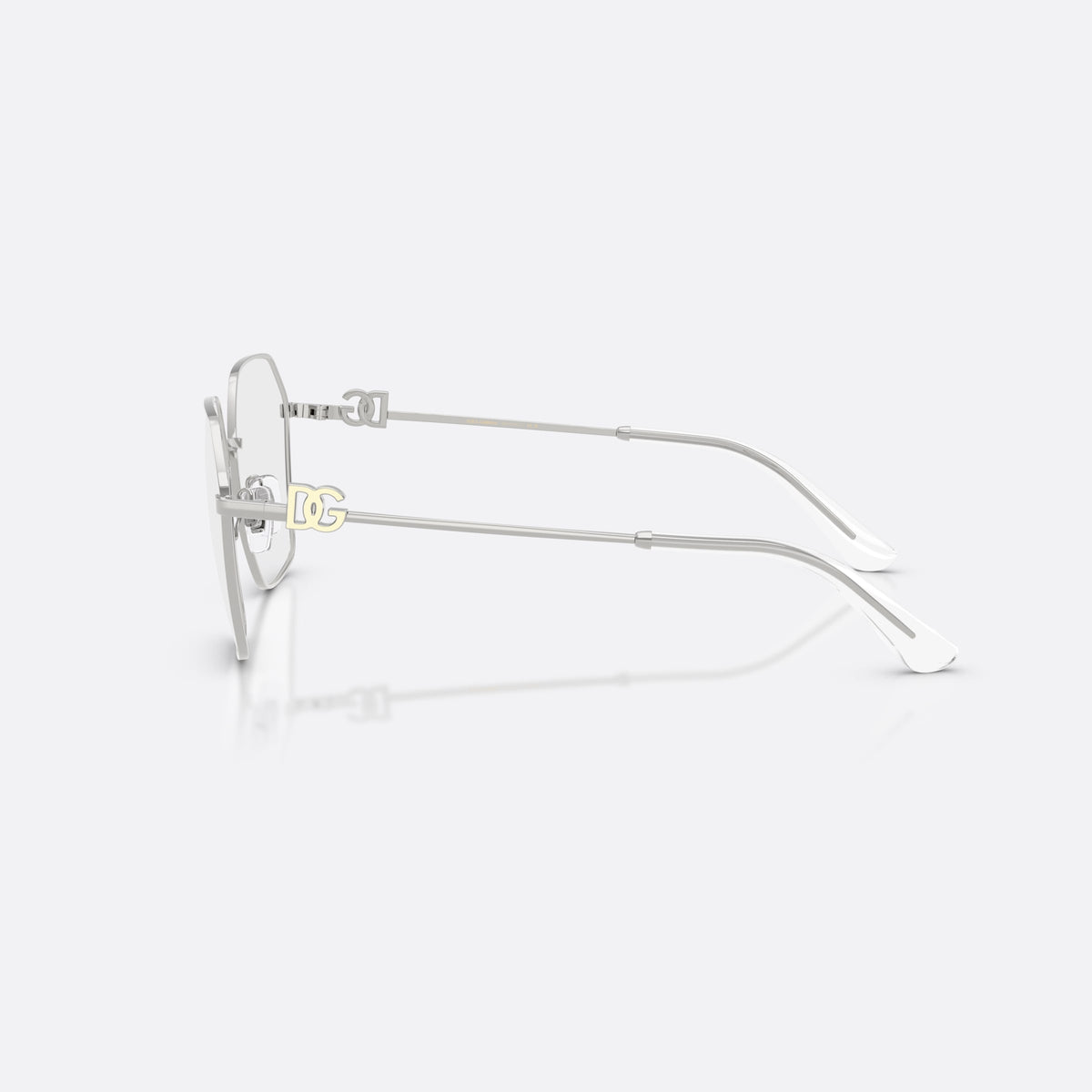 Dolce & Gabbana DG1366 05 eyeglasses, silver phantos frame for women, plain metal bridge, brand logo plaque on temples, side view