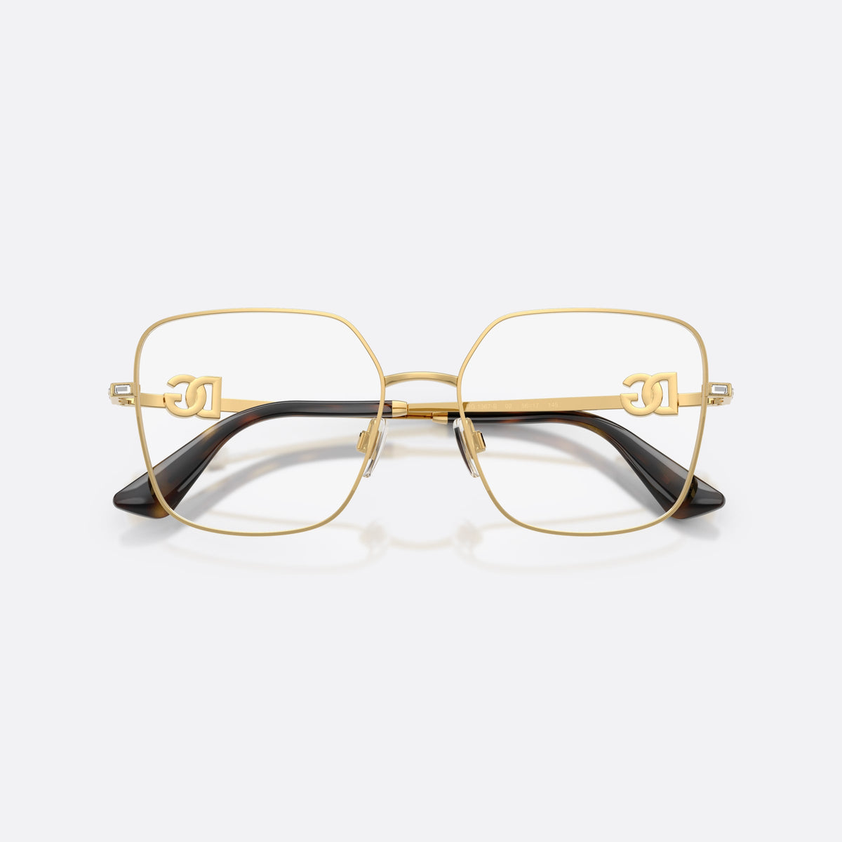 Dolce & Gabbana DG1367B 02 eyeglasses, gold square frame for women, plain metal bridge, brand logo plaque on temples, folded