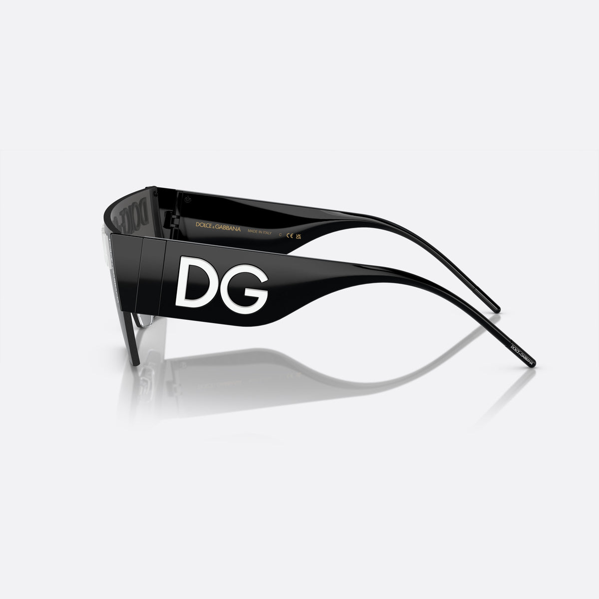 Dolce & Gabbana DG2233 01/87 sunglasses, black cat eye frame for men, integrated bridge, brand lettering on lens, side view