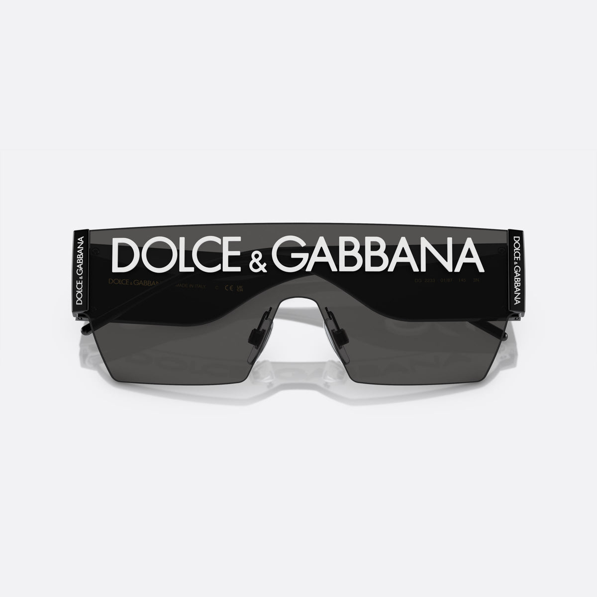Dolce & Gabbana DG2233 01/87 sunglasses, black cat eye frame for men, integrated bridge, brand lettering on lens, folded