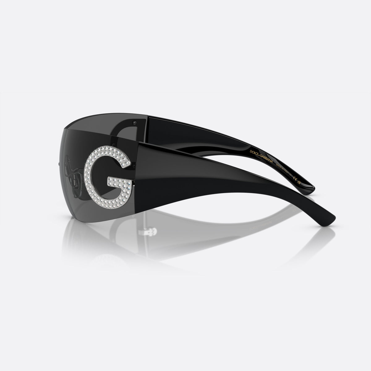 Dolce & Gabbana DG2298B 05/87 F sunglasses, black pillow frame for women, keyhole bridge, brand logo with crystals, side view