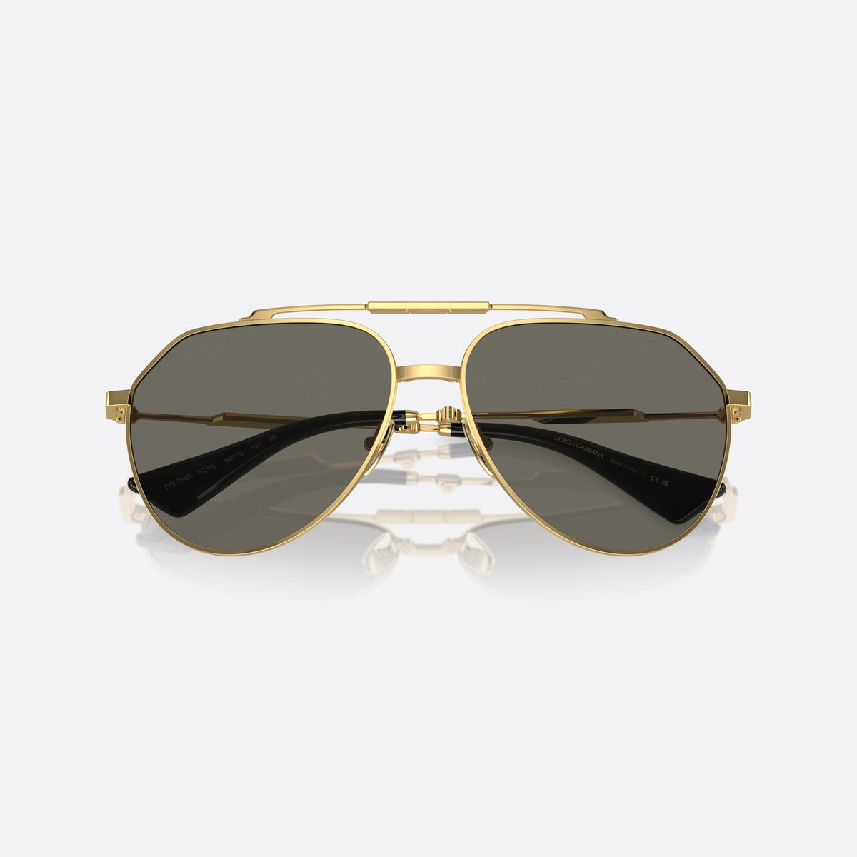Dolce & Gabbana DG2302 02/R5 sunglasses, gold pilot frame for men, double bridge with top bar, brand lettering on the temples, folded