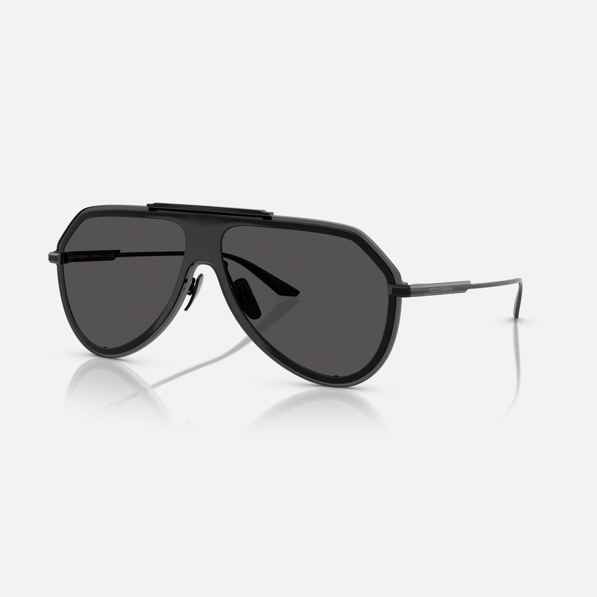 Dolce & Gabbana DG2309 01/87 sunglasses, black pilot frame for men, brand lettering on temples, slim tapered temples