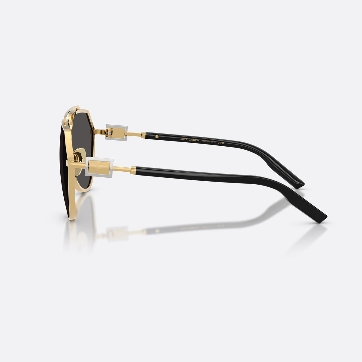 Dolce & Gabbana DG2315 02/87 sunglasses, gold pilot frame for men, double bridge with top bar, brand logo on temple plaque, side view