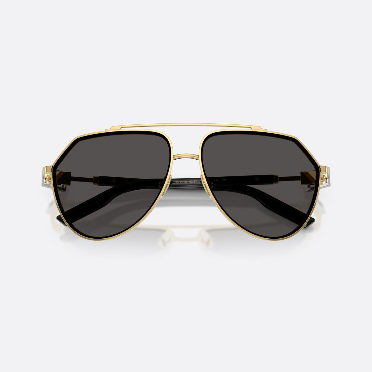 Dolce & Gabbana DG2315 02/87 sunglasses, gold pilot frame for men, double bridge with top bar, brand logo on temple plaque, folded