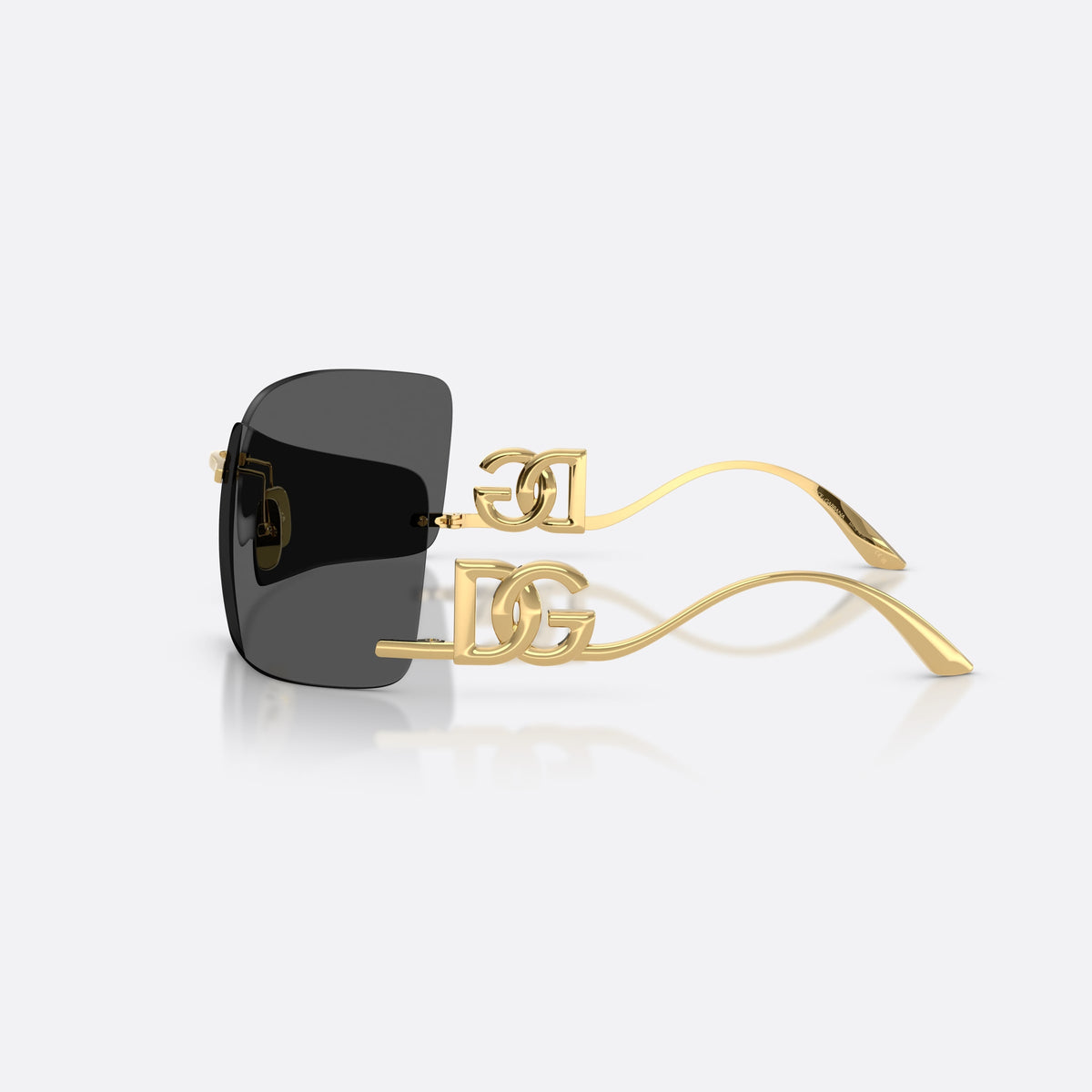 Dolce & Gabbana DG2319 02/87 sunglasses, gold rectangle frame for women, thin metal bridge, brand lettering on temples, side view
