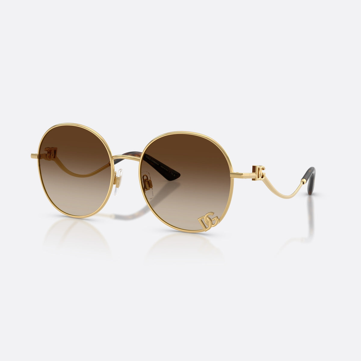 Dolce & Gabbana DG2324 02/13 sunglasses, gold round frame for women, plain metal bridge, brand logo plaque on lens rim