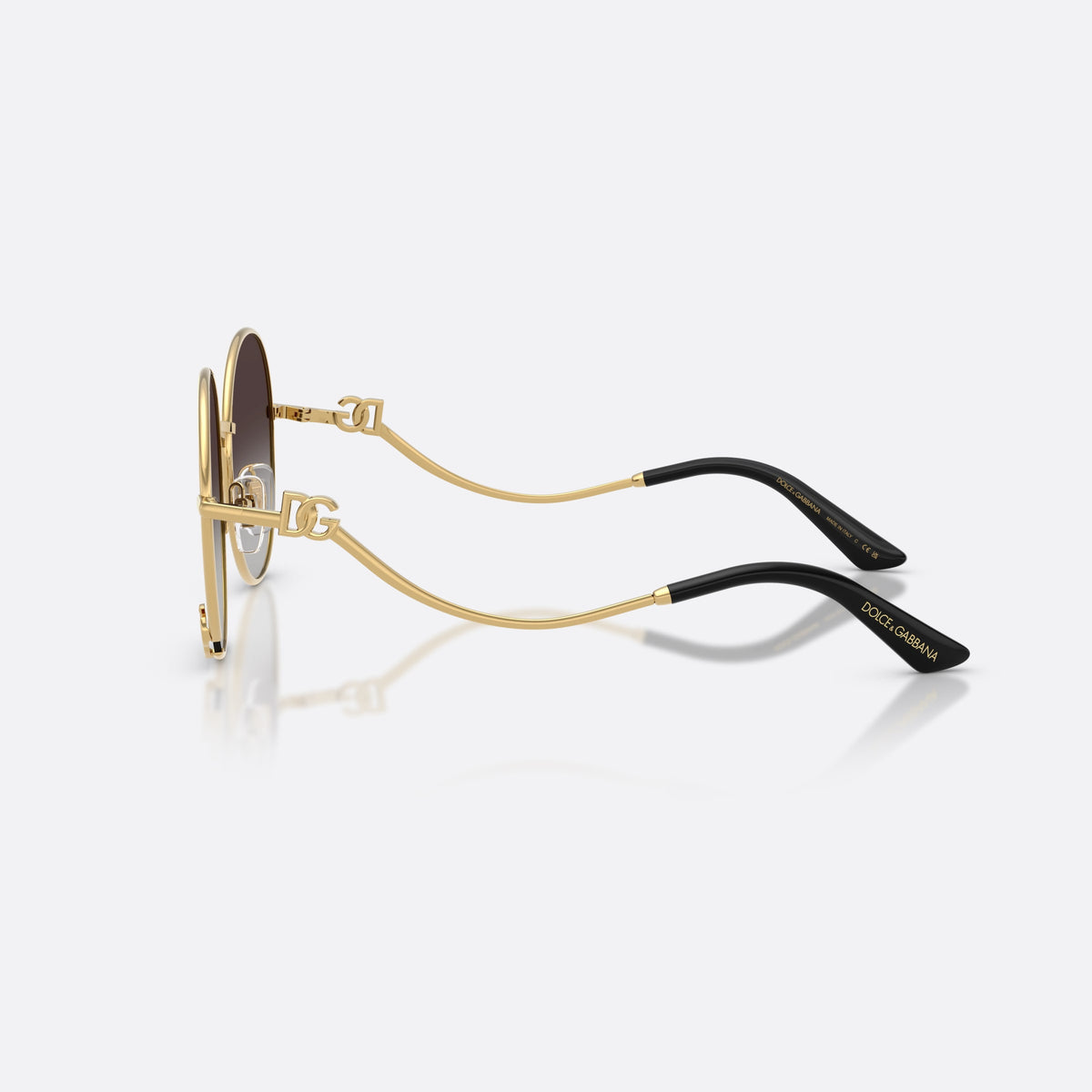 Ochelari de soare Dolce & Gabbana DG2324 02/8G, rotunzi auriu, pentru femei, punte metalică simplă, logo al brandului pe ramă, vedere laterală