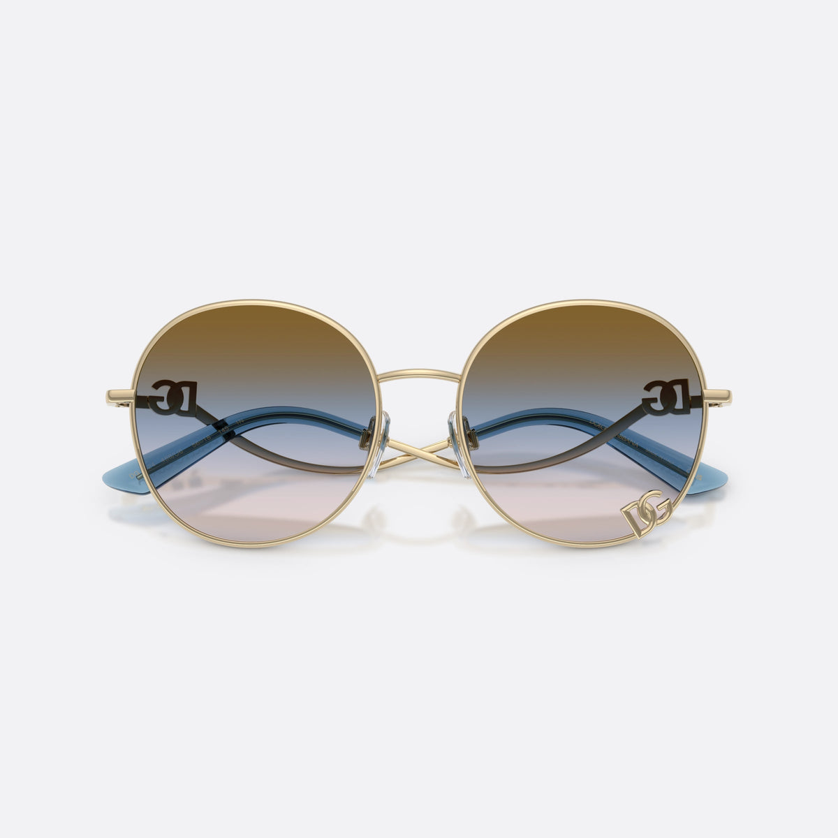 Dolce & Gabbana DG2324 488/U6 sunglasses, gold round frame for women, plain metal bridge, brand logo on temple plaque, folded