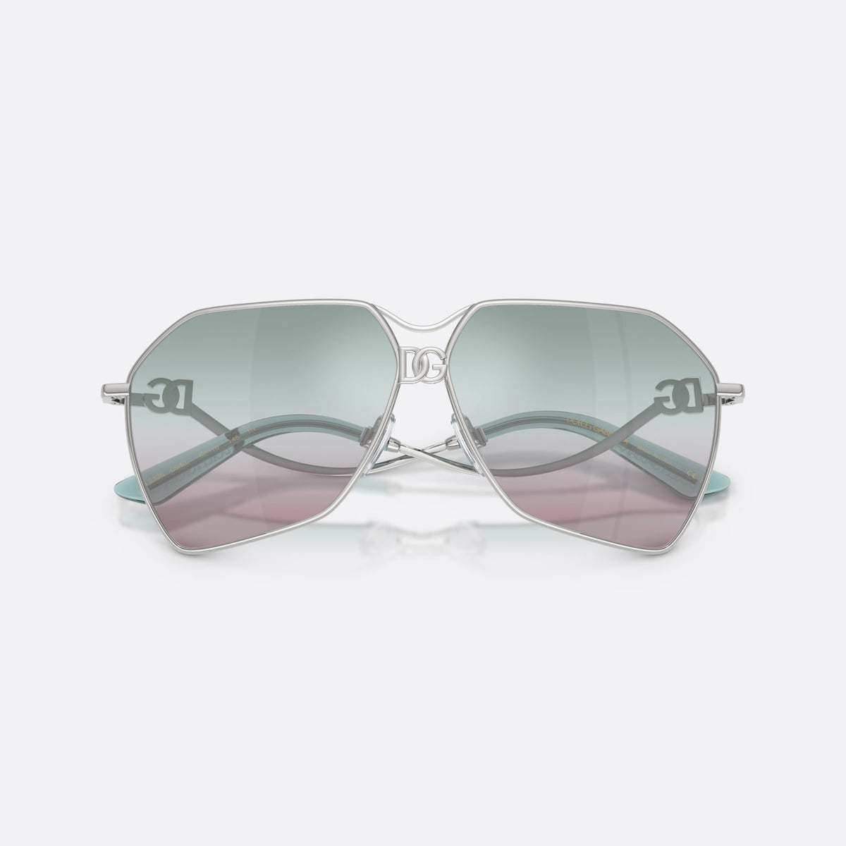 Dolce & Gabbana DG2326 05/EL sunglasses, silver pilot frame for women, double bridge with central ring, slim tapered temples, folded