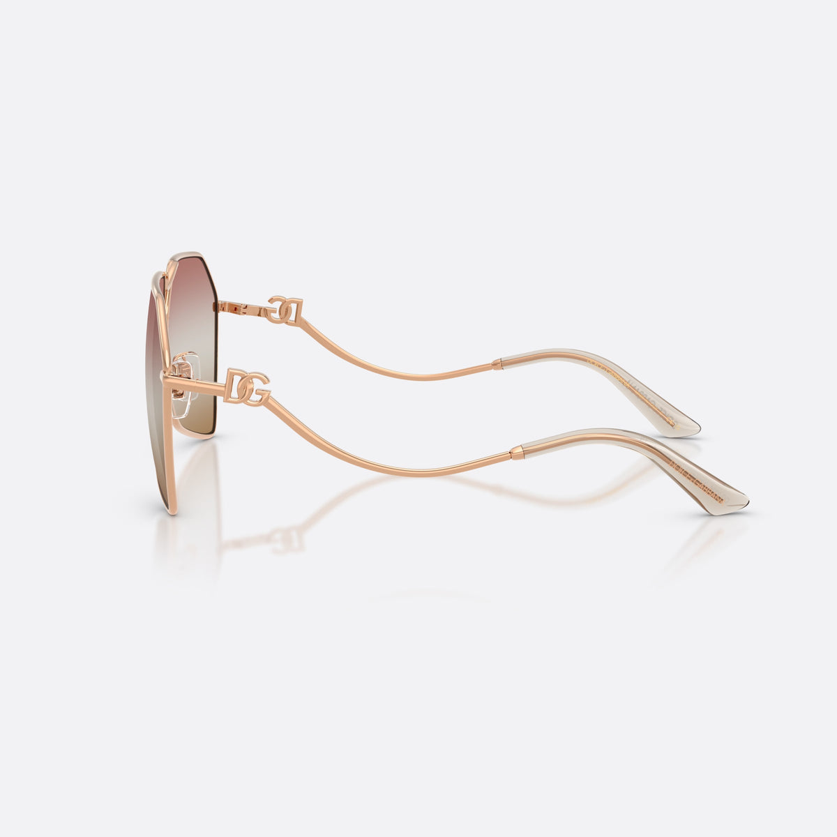 Dolce & Gabbana DG2326 1298EL sunglasses, gold pilot frame for women, double bridge with interlocking ring, brand logo on temple, side view