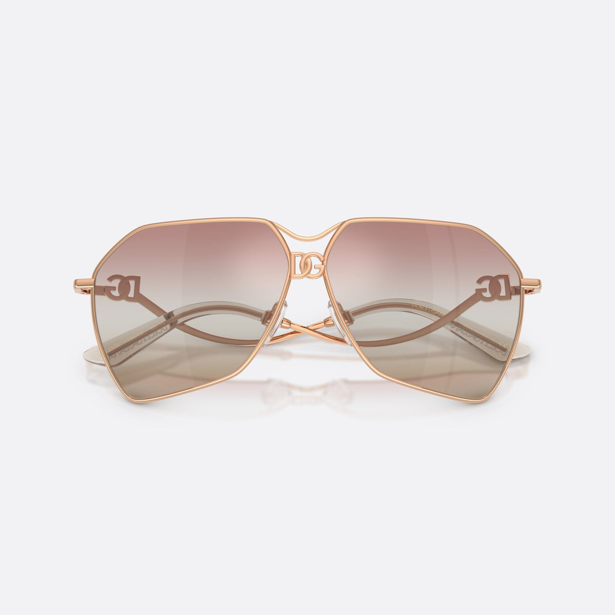 Dolce & Gabbana DG2326 1298EL sunglasses, gold pilot frame for women, double bridge with interlocking ring, brand logo on temple, folded