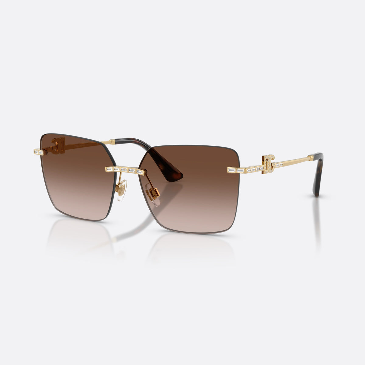 Dolce & Gabbana DG2332B 02/13 sunglasses, gold square frame for women, metal bridge with baguette stones, gradient brown lenses