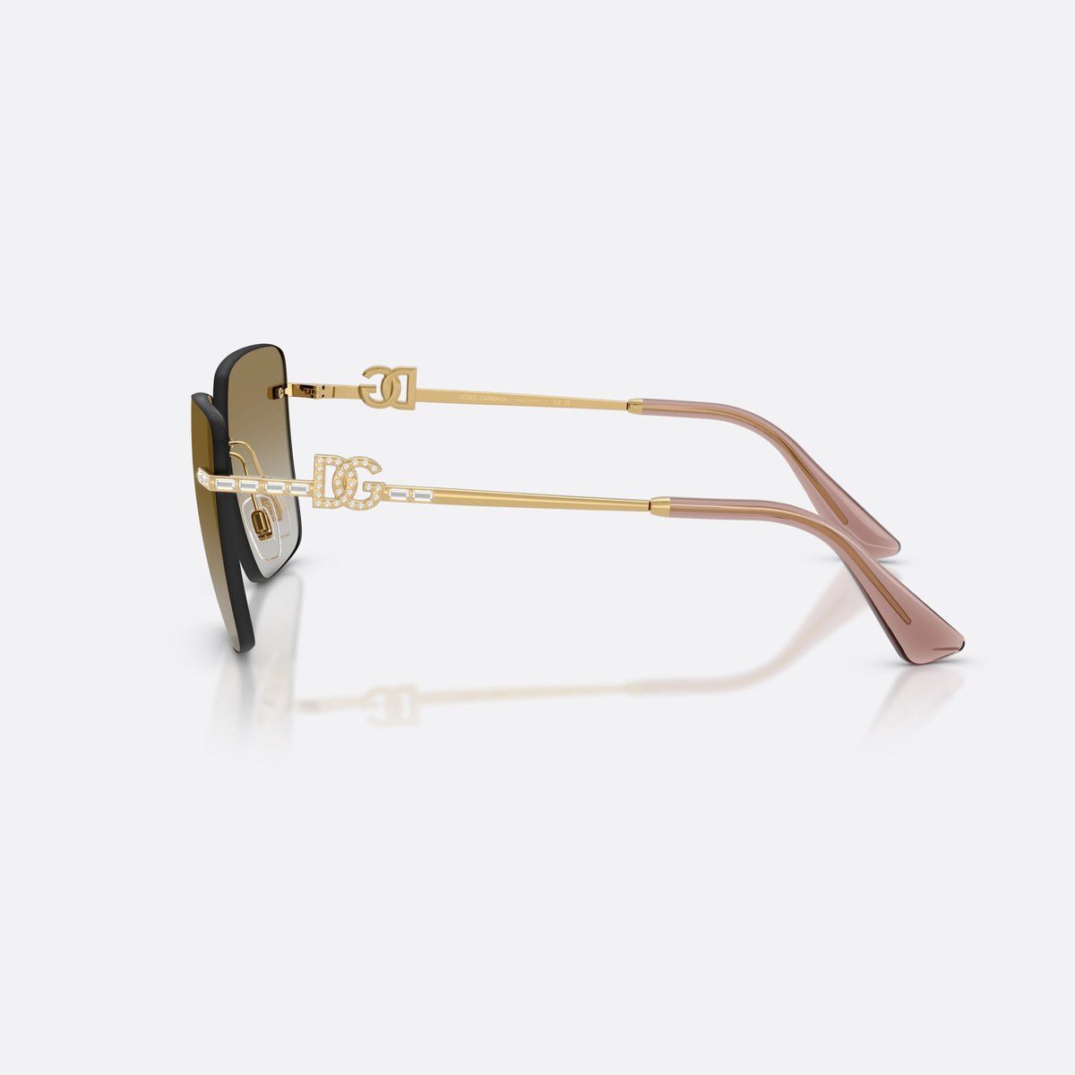 Dolce & Gabbana DG2332B 02/6E sunglasses, gold square frame for women, brand logo plaque on temples, slim tapered temples, side view