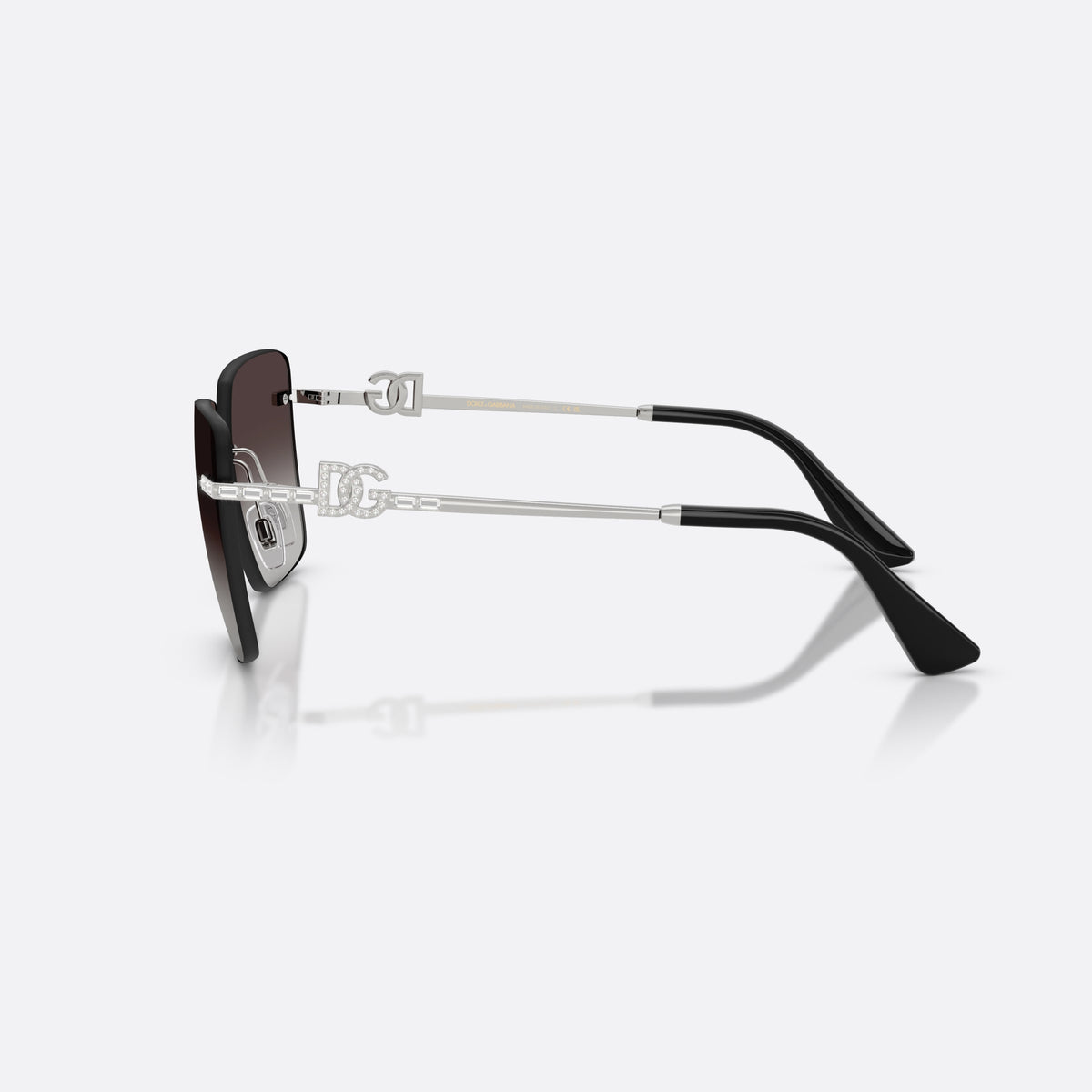 Dolce & Gabbana DG2332B 05/8G sunglasses, silver square frame for women, brand logo plaque on temples, side view