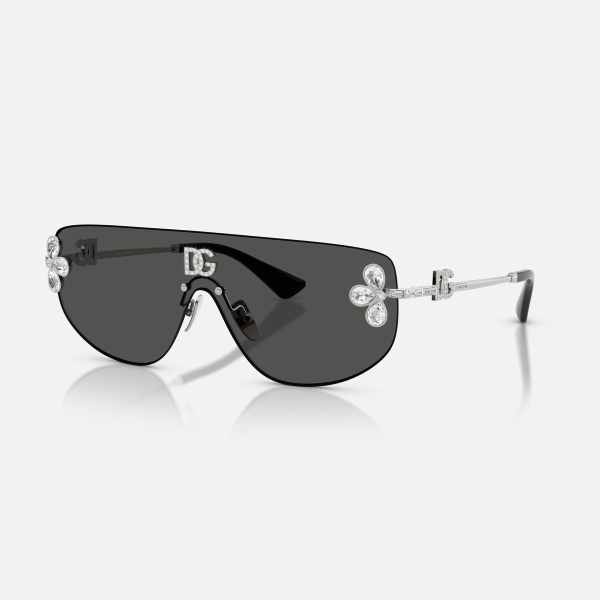 Dolce & Gabbana DG2333B 05/87 sunglasses, silver rectangle frame for women, integrated bridge over lens, brand lettering on temples