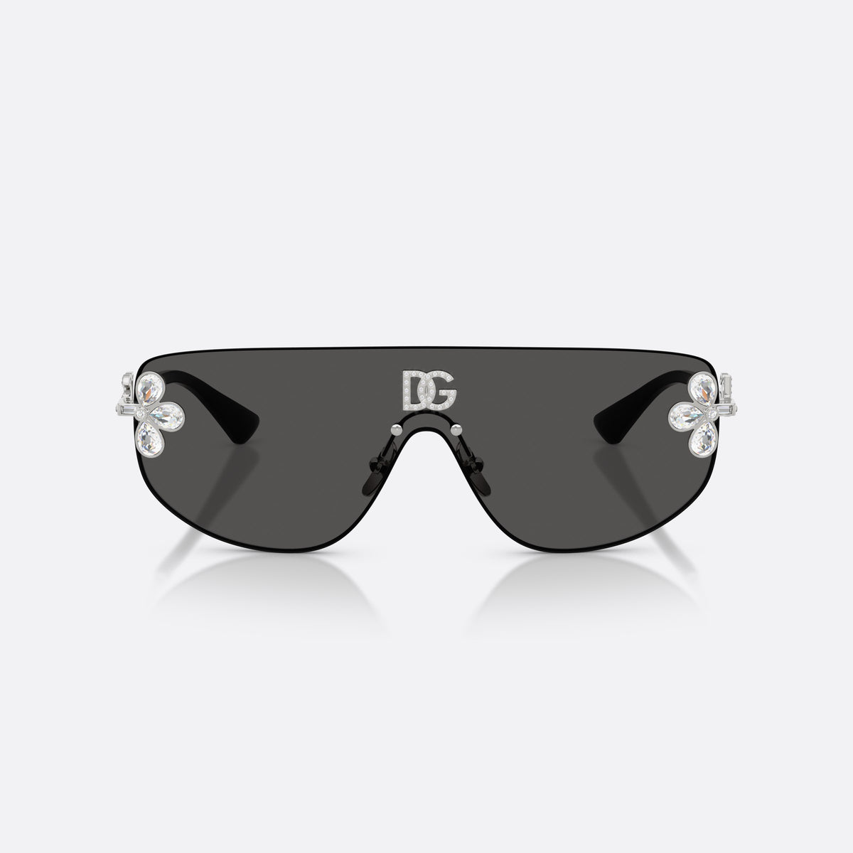 Dolce & Gabbana DG2333B 05/87 sunglasses, silver rectangle frame for women, integrated bridge over lens, brand lettering on temples, front view