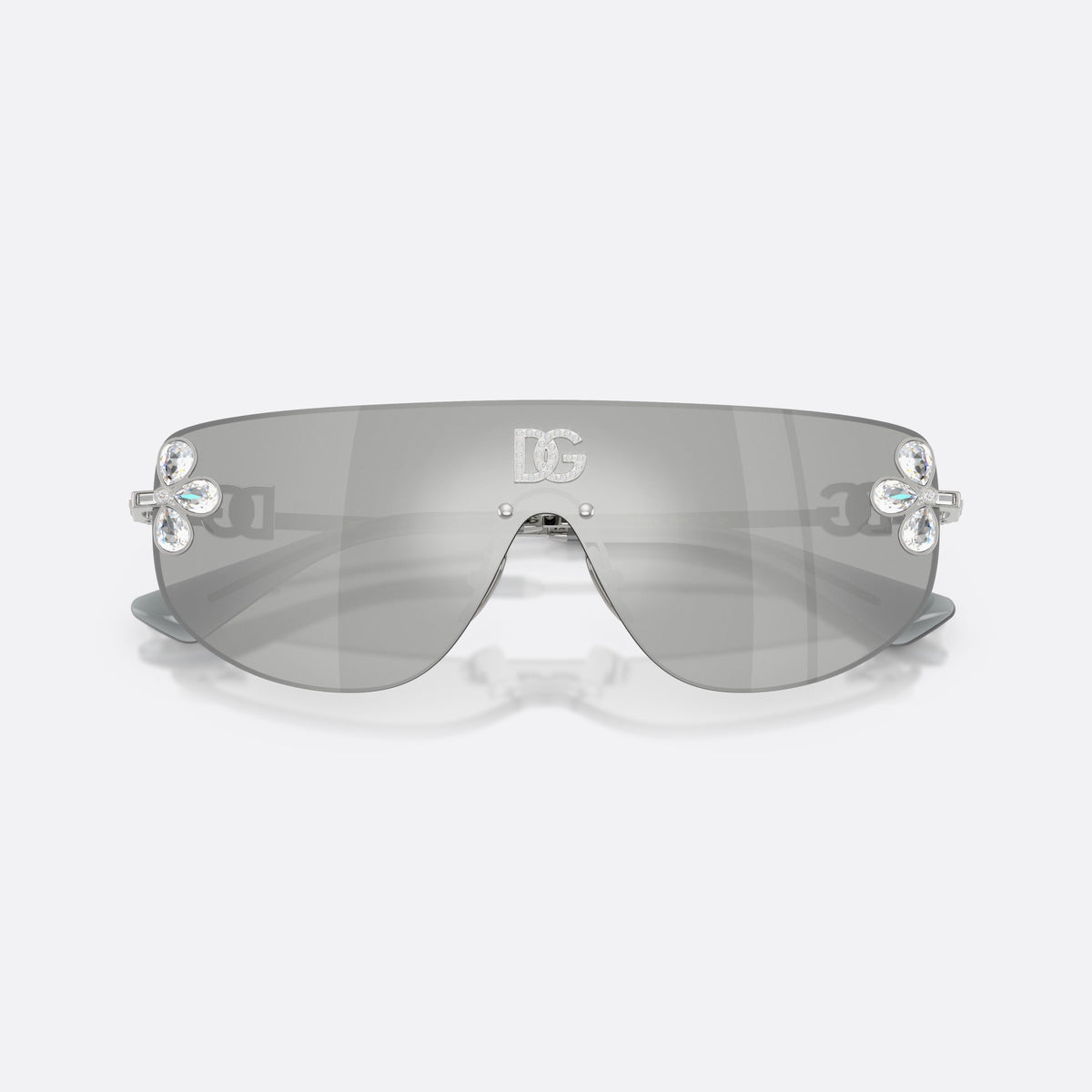 Dolce & Gabbana DG2333B 05/8V sunglasses, silver rectangle frame for women, integrated bridge over lens, brand logo on lens, folded