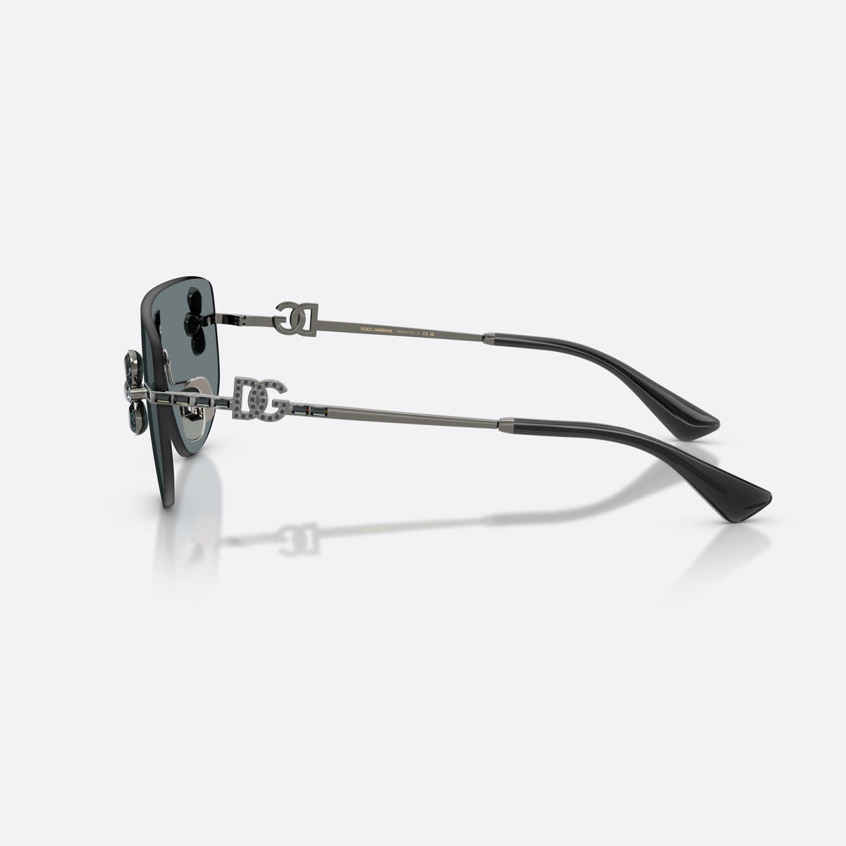 Dolce & Gabbana DG2333B 12866G sunglasses, grey rectangle frame for women, integrated bridge over lens, gunmetal metal frame, side view