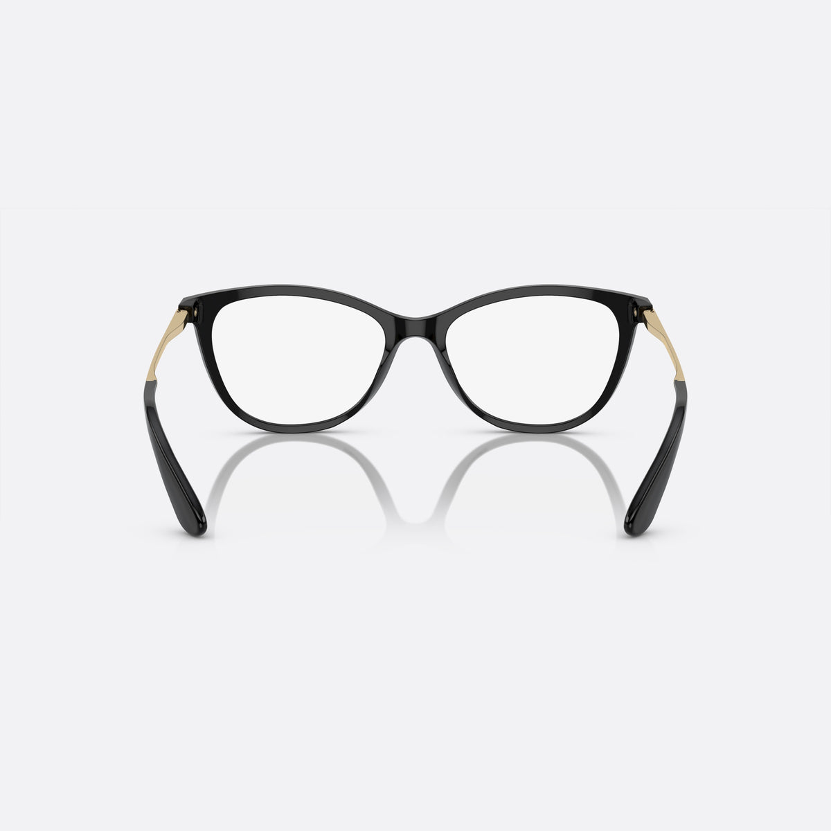 Dolce & Gabbana DG3258 501 eyeglasses, black butterfly frame for women, plain bridge, integrated design, brand lettering on temples, back view