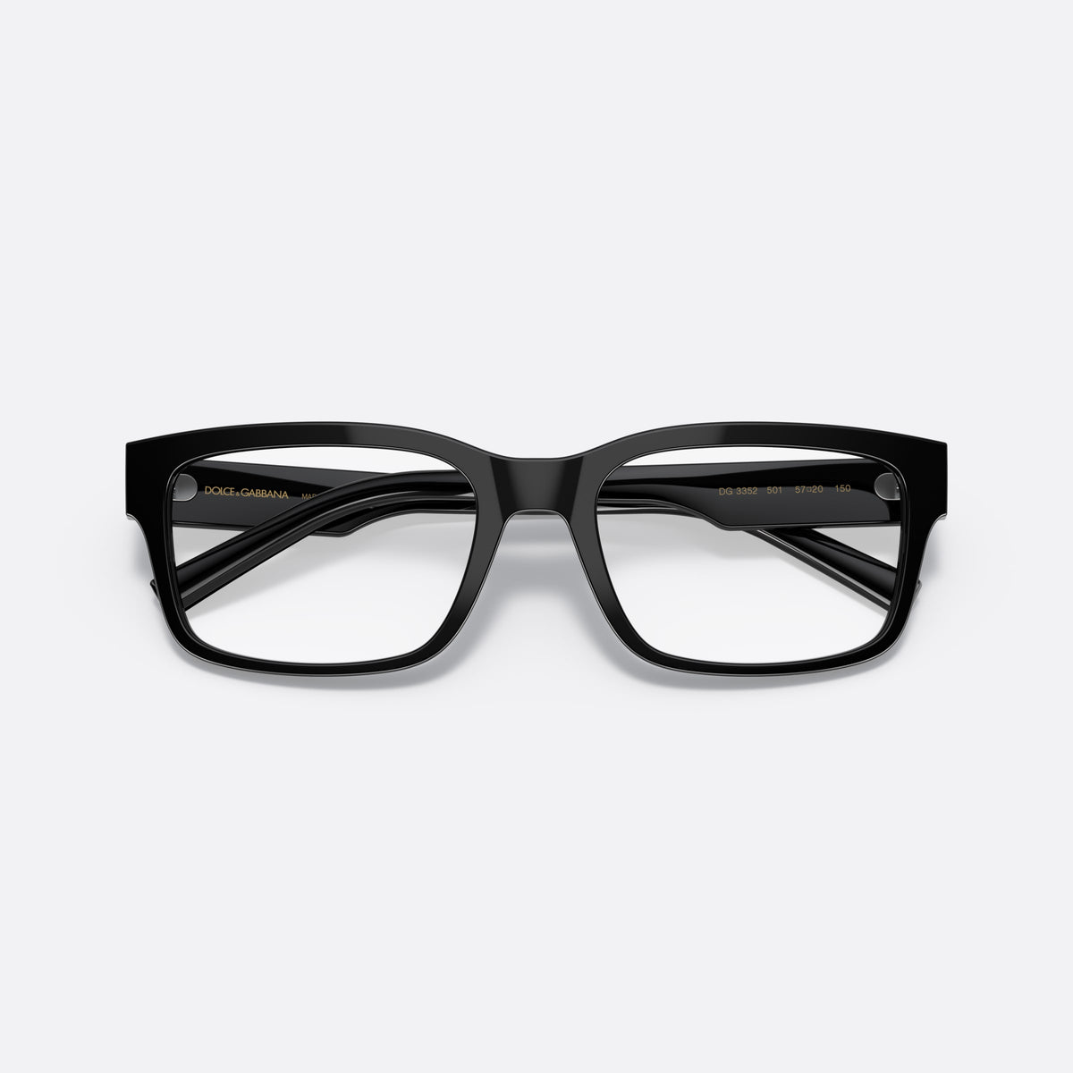 Dolce & Gabbana DG3352 501 eyeglasses, black rectangular frame for men, plain bridge, integrated into front, clear lenses