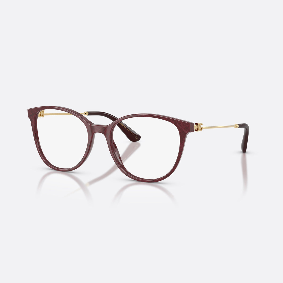 Dolce & Gabbana DG3363 3442 eyeglasses, violet butterfly frame for women, plain bridge, brand logo plaque on hinges, full-rim frame