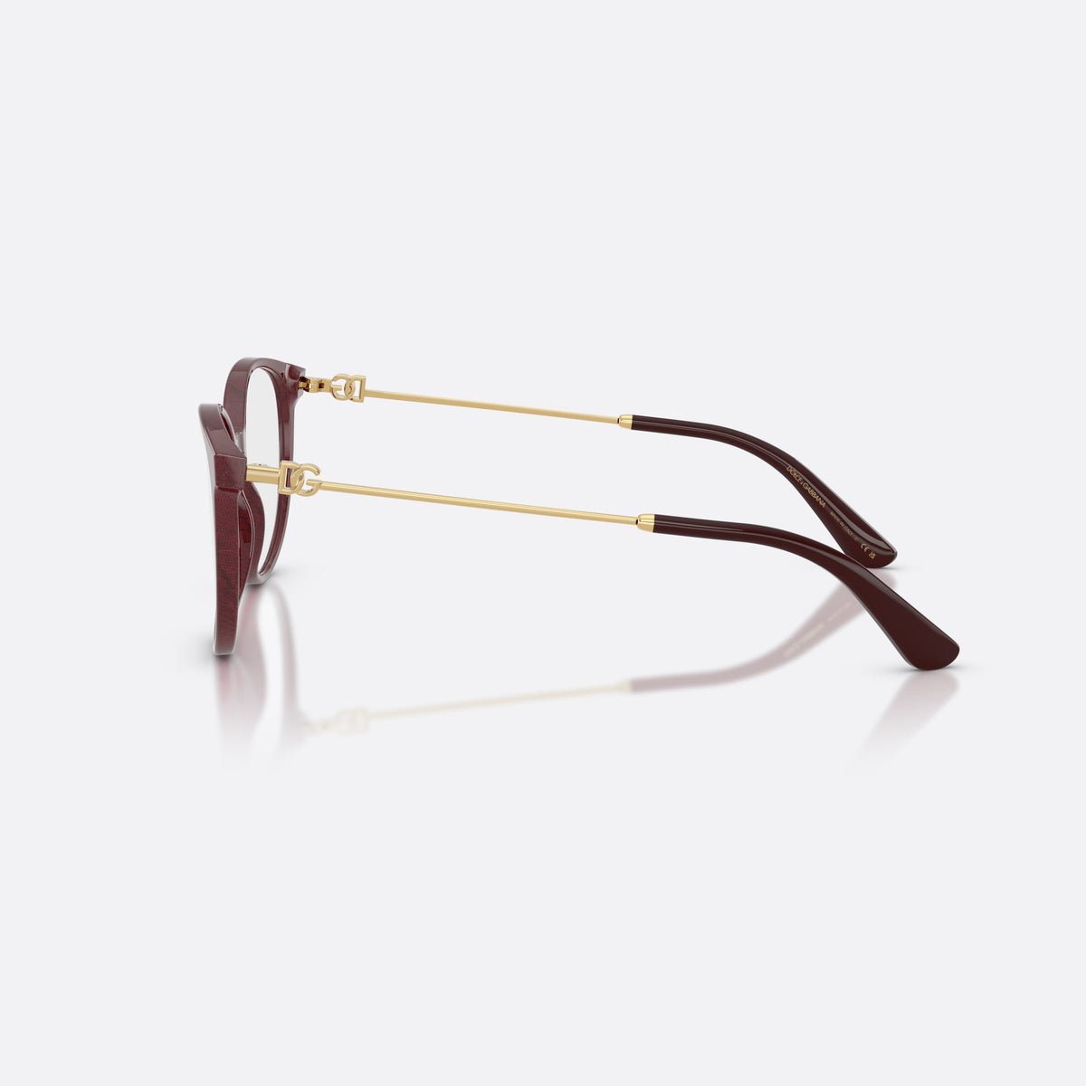 Dolce & Gabbana DG3363 3442 eyeglasses, violet butterfly frame for women, plain bridge, brand logo plaque on hinges, full-rim frame, side view